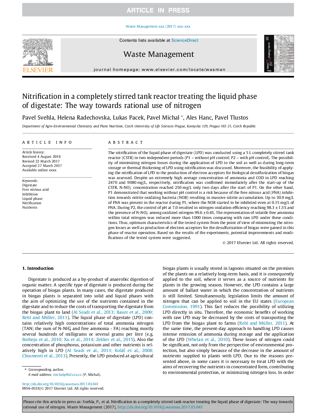 Nitrification in a completely stirred tank reactor treating the liquid phase of digestate: The way towards rational use of nitrogen