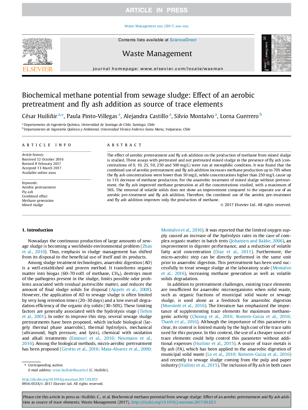 Biochemical methane potential from sewage sludge: Effect of an aerobic pretreatment and fly ash addition as source of trace elements