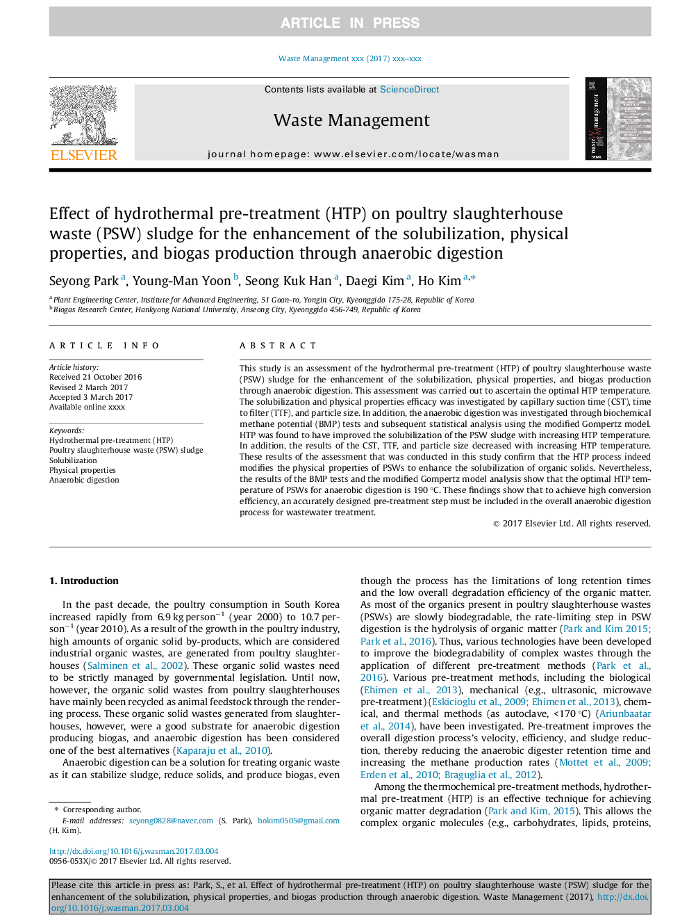 Effect of hydrothermal pre-treatment (HTP) on poultry slaughterhouse waste (PSW) sludge for the enhancement of the solubilization, physical properties, and biogas production through anaerobic digestion