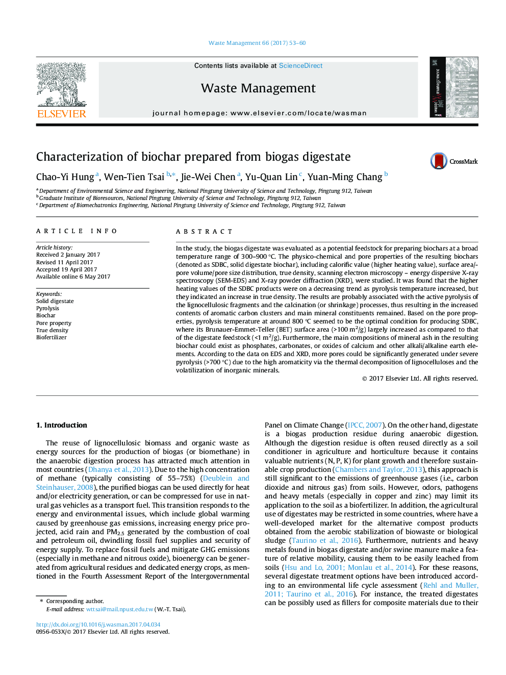 Characterization of biochar prepared from biogas digestate