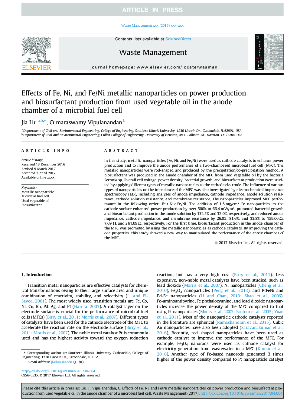 Effects of Fe, Ni, and Fe/Ni metallic nanoparticles on power production and biosurfactant production from used vegetable oil in the anode chamber of a microbial fuel cell