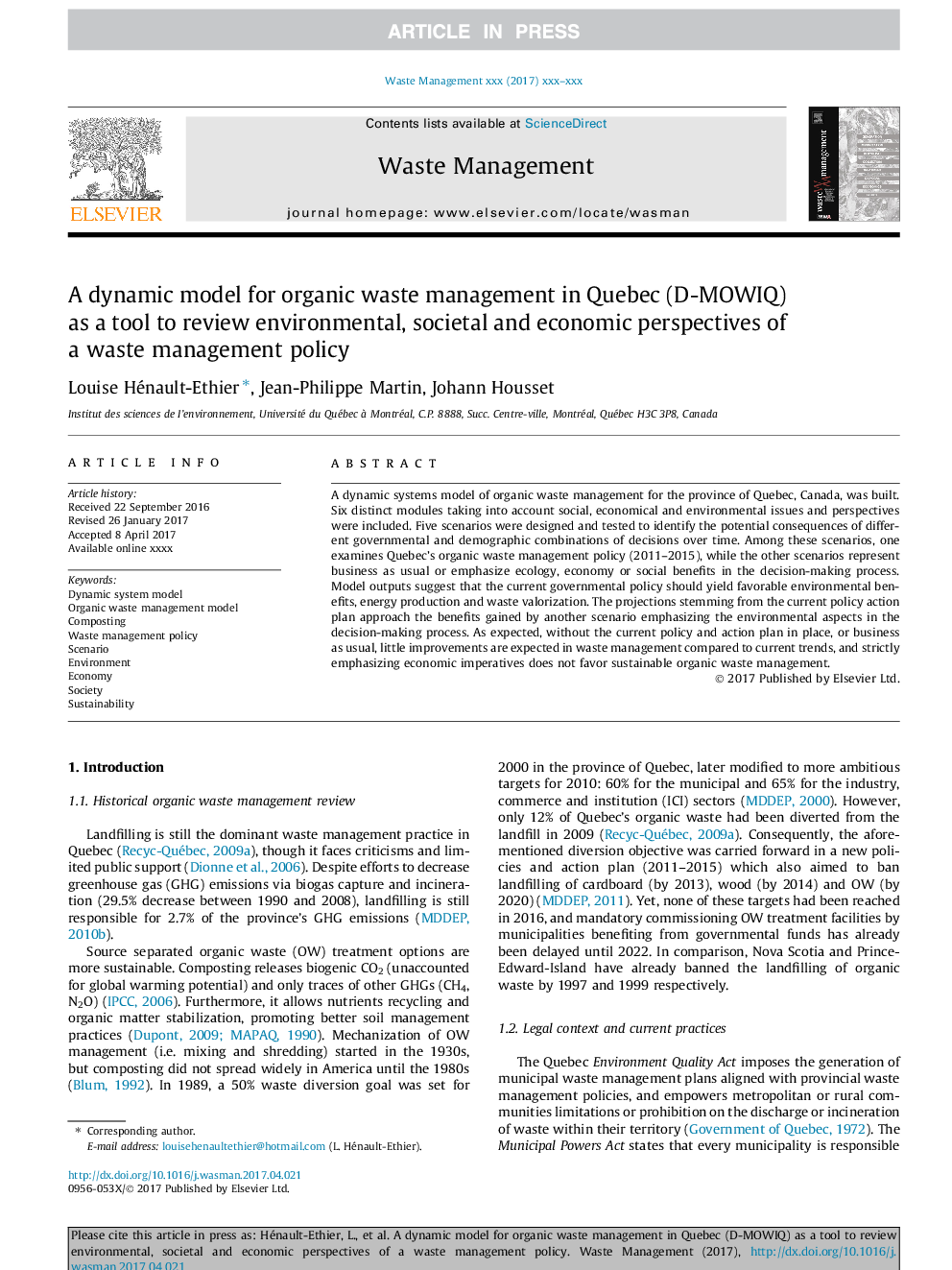 A dynamic model for organic waste management in Quebec (D-MOWIQ) as a tool to review environmental, societal and economic perspectives of a waste management policy