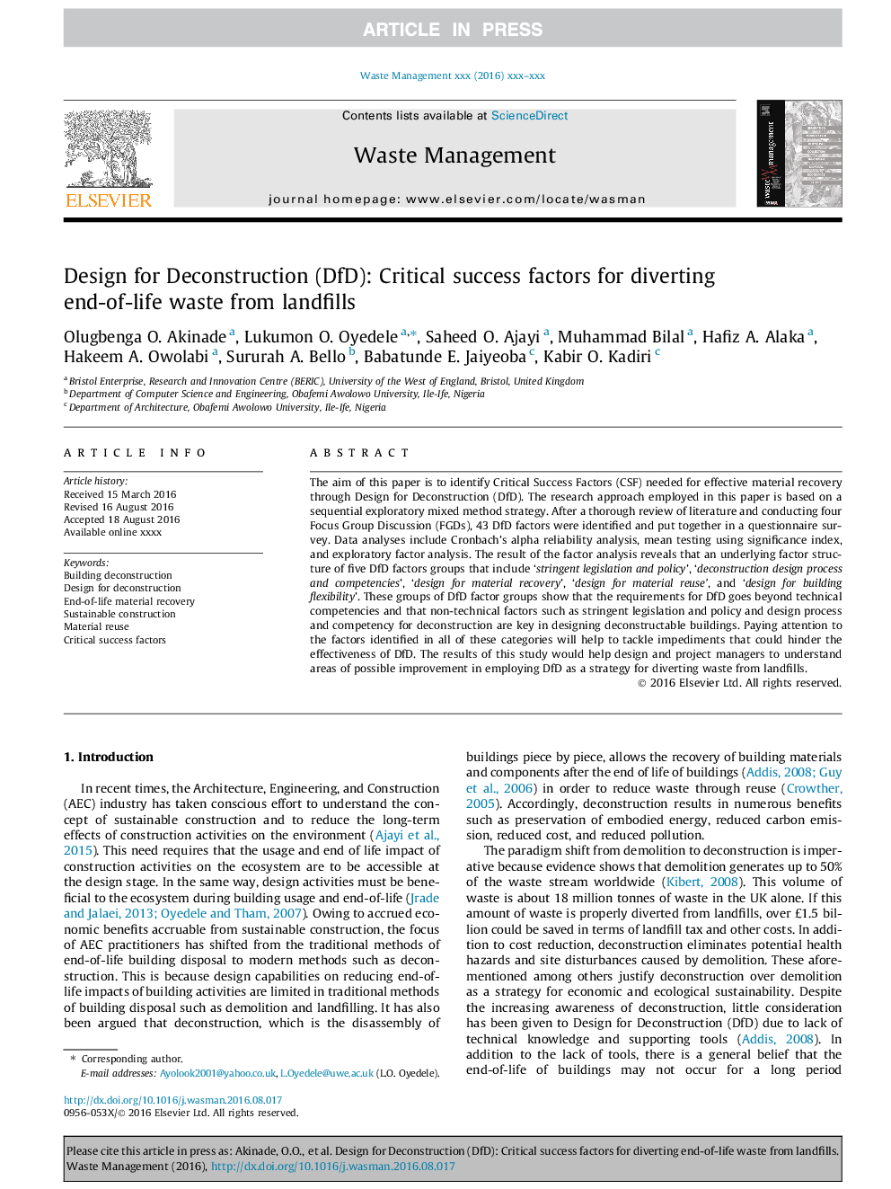 Design for Deconstruction (DfD): Critical success factors for diverting end-of-life waste from landfills