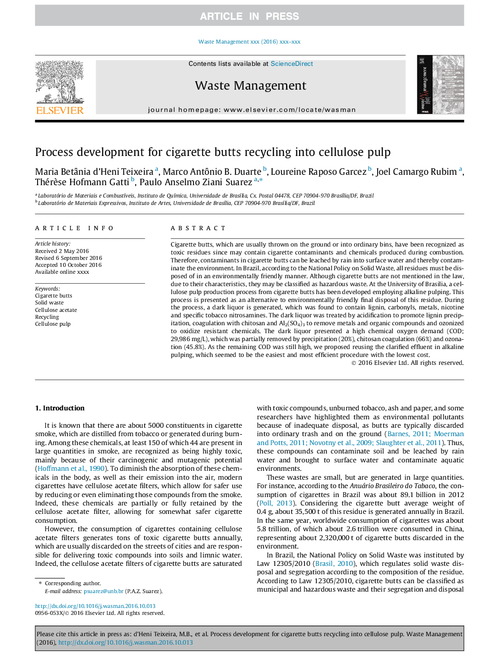 Process development for cigarette butts recycling into cellulose pulp