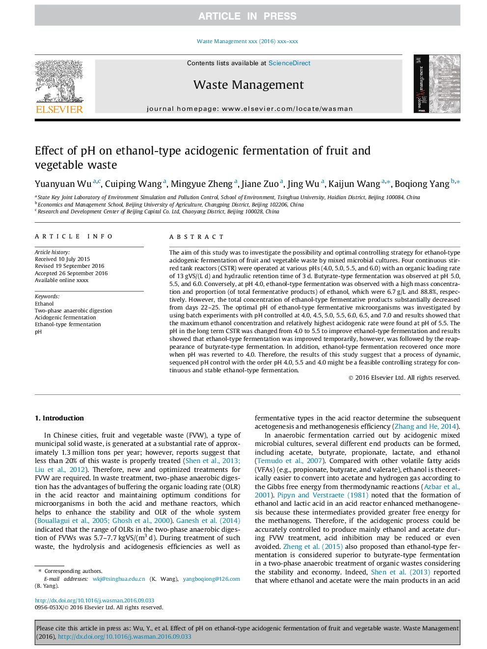 Effect of pH on ethanol-type acidogenic fermentation of fruit and vegetable waste