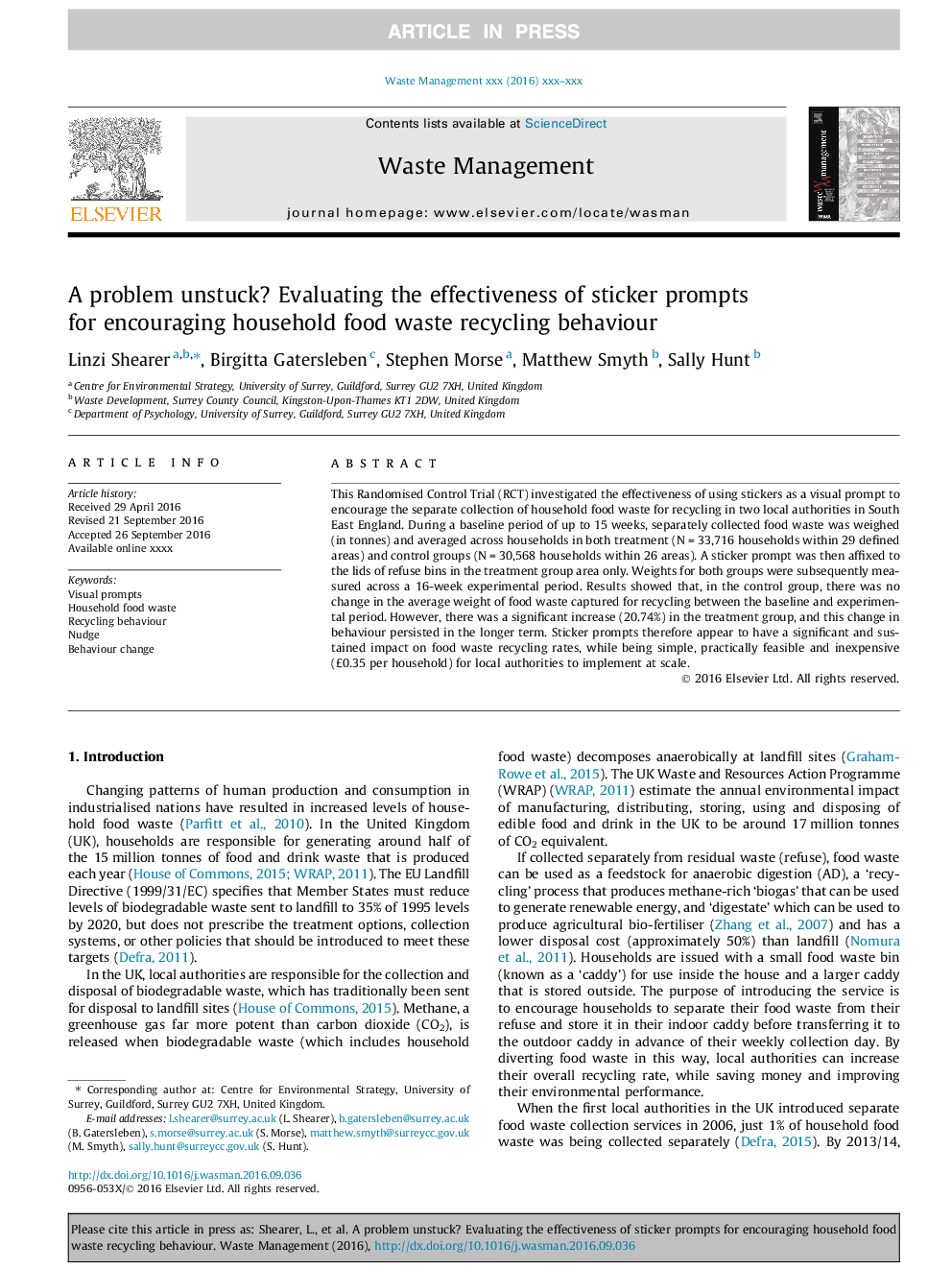 A problem unstuck? Evaluating the effectiveness of sticker prompts for encouraging household food waste recycling behaviour