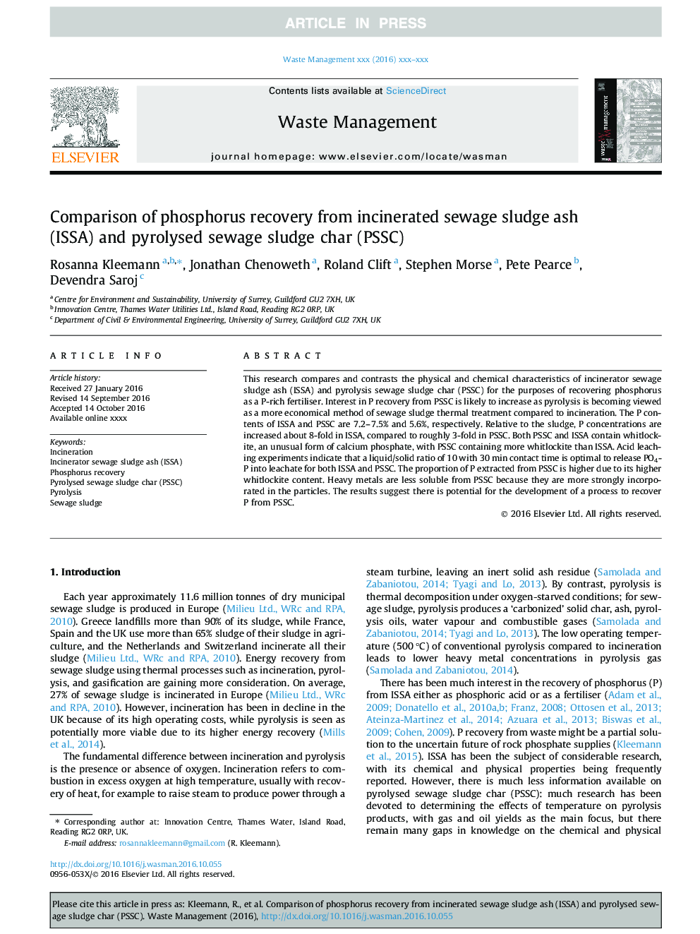 Comparison of phosphorus recovery from incinerated sewage sludge ash (ISSA) and pyrolysed sewage sludge char (PSSC)