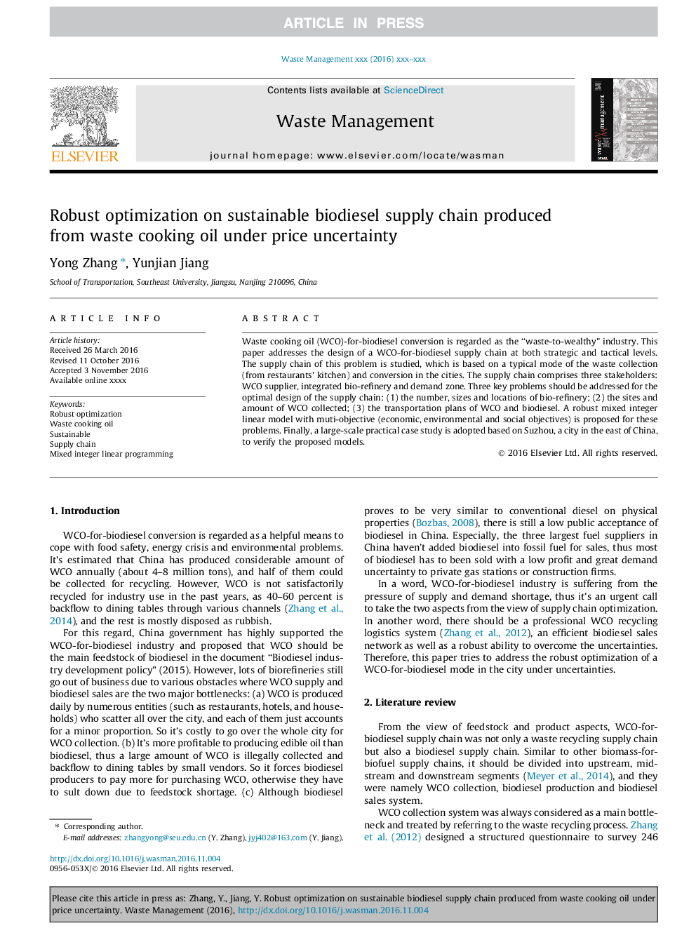 Robust optimization on sustainable biodiesel supply chain produced from waste cooking oil under price uncertainty