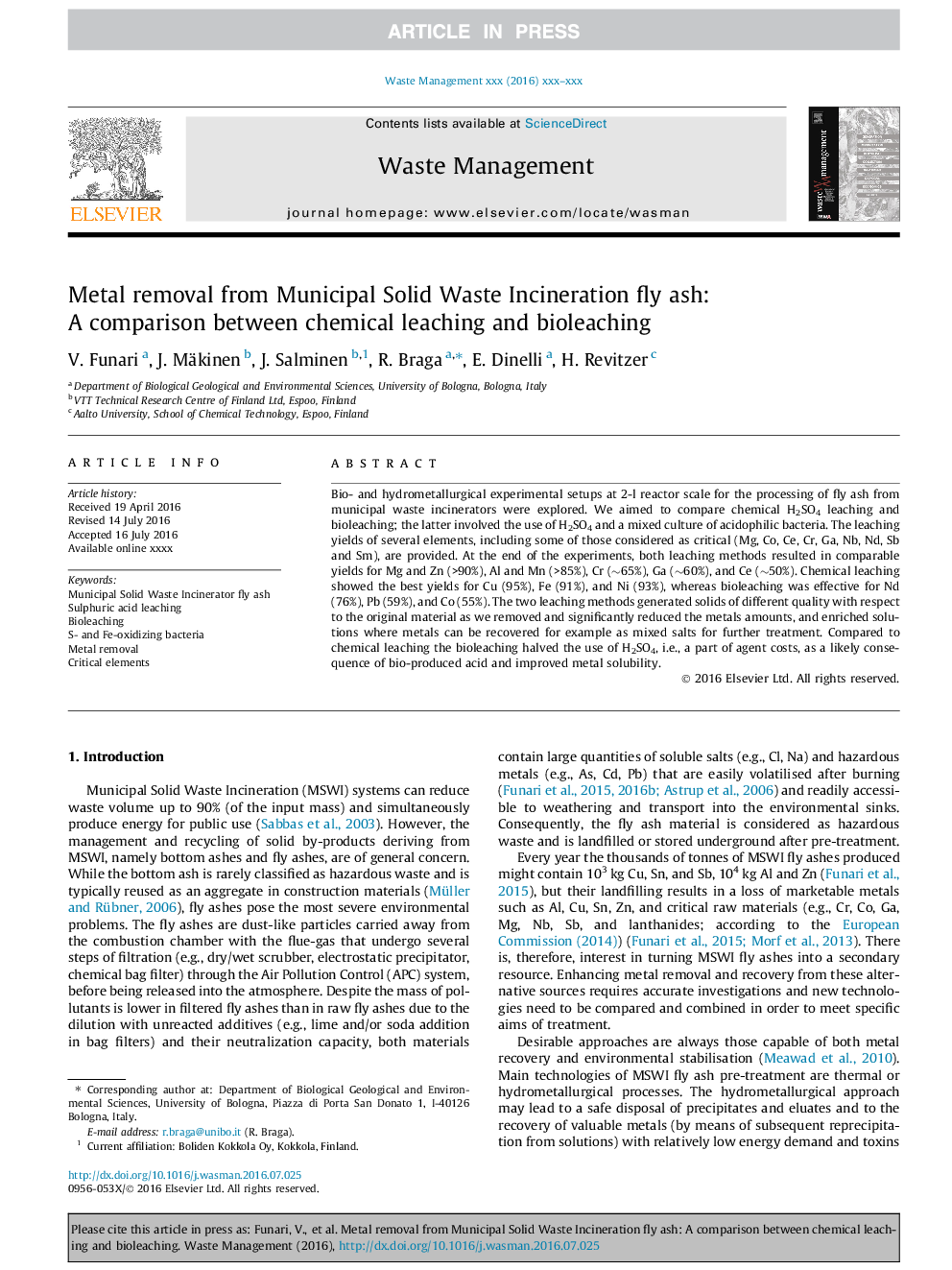 Metal removal from Municipal Solid Waste Incineration fly ash: A comparison between chemical leaching and bioleaching