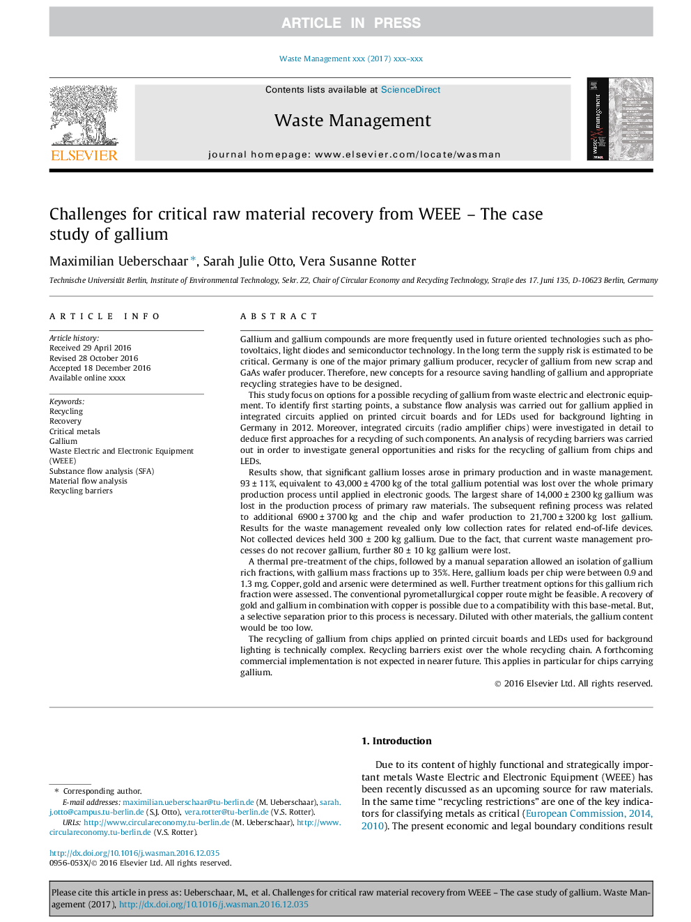 Challenges for critical raw material recovery from WEEE - The case study of gallium