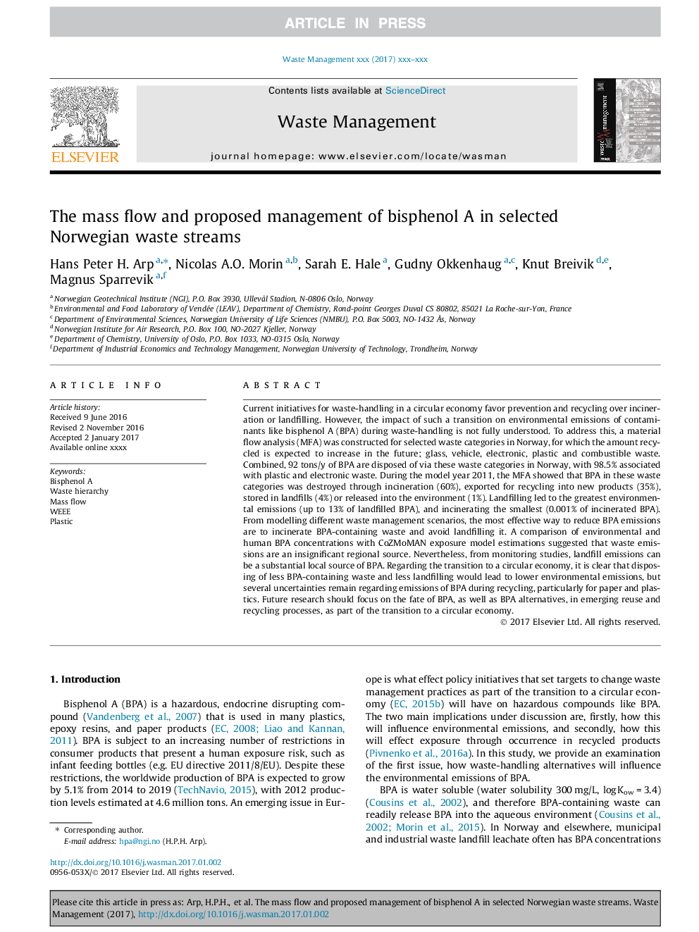 The mass flow and proposed management of bisphenol A in selected Norwegian waste streams