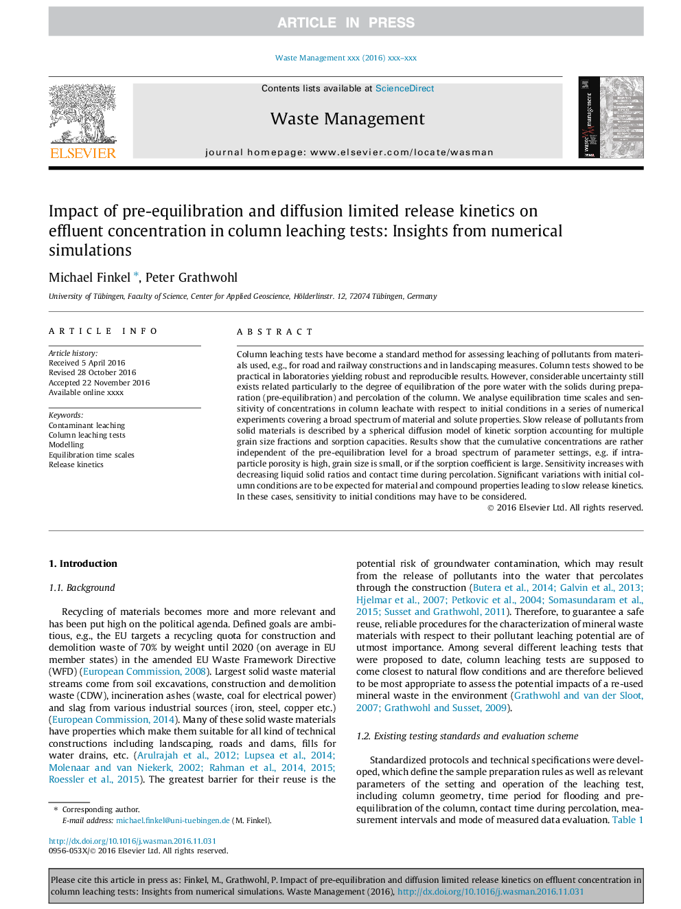 Impact of pre-equilibration and diffusion limited release kinetics on effluent concentration in column leaching tests: Insights from numerical simulations