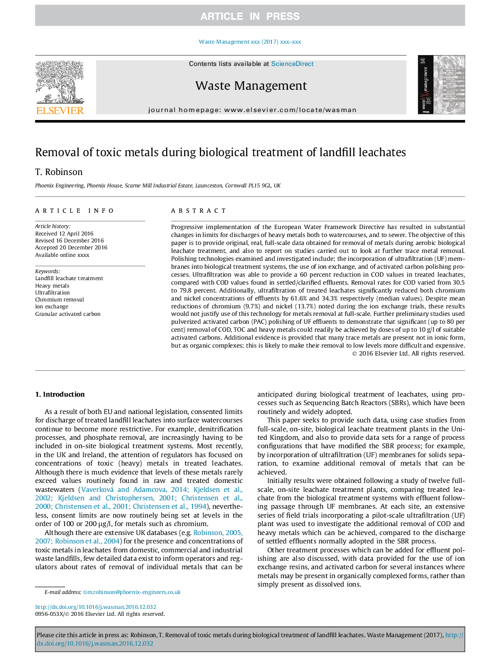 Removal of toxic metals during biological treatment of landfill leachates