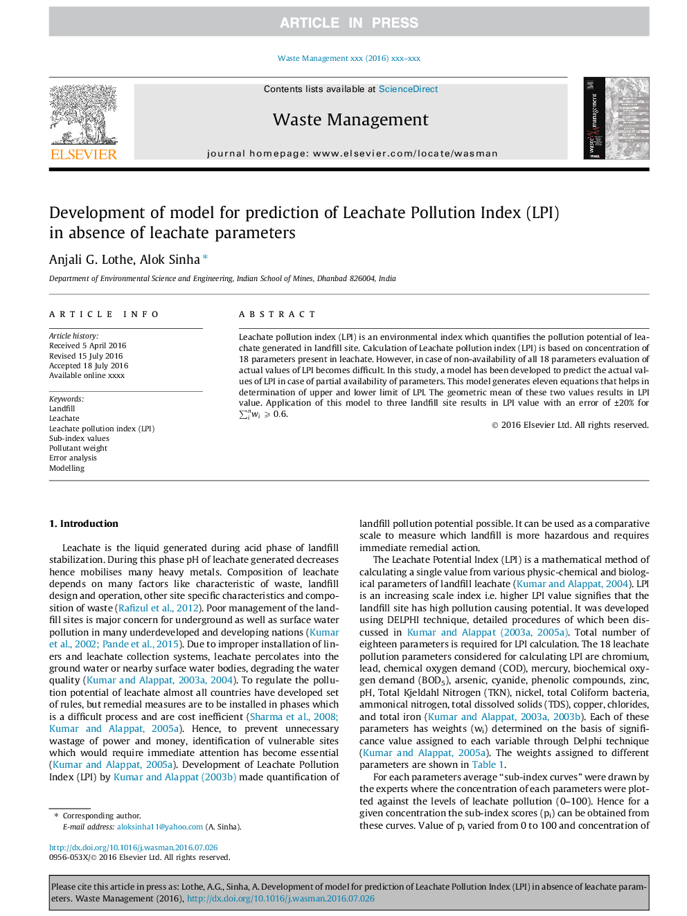 Development of model for prediction of Leachate Pollution Index (LPI) in absence of leachate parameters