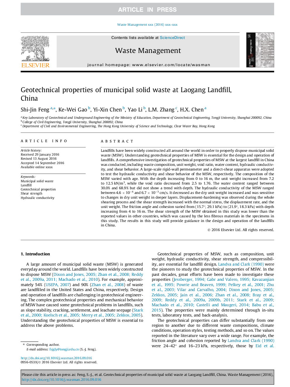 Geotechnical properties of municipal solid waste at Laogang Landfill, China