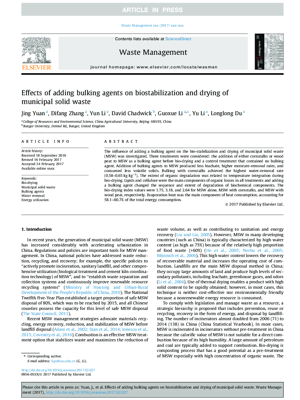 Effects of adding bulking agents on biostabilization and drying of municipal solid waste