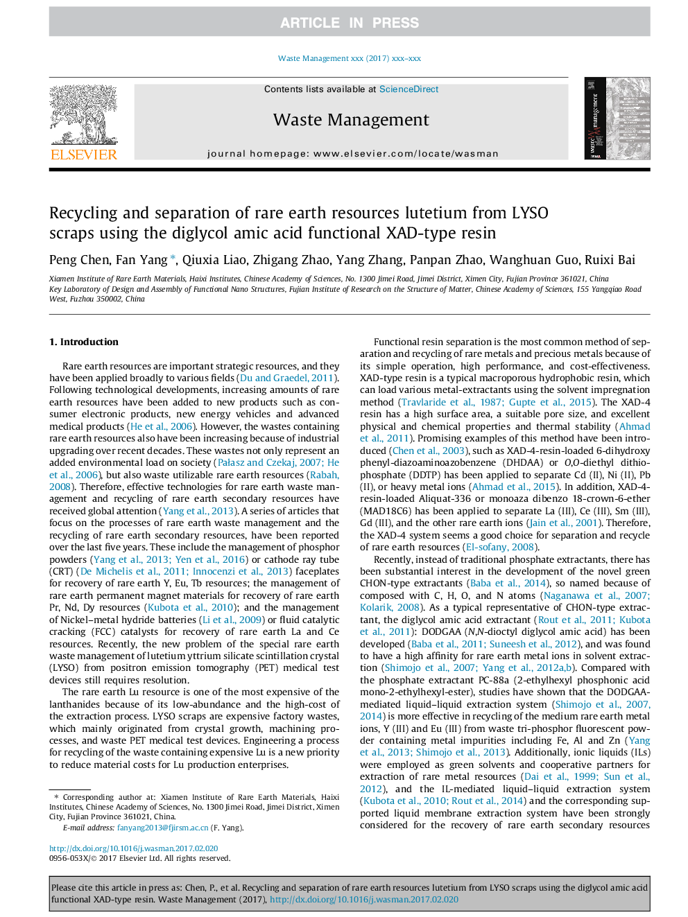 Recycling and separation of rare earth resources lutetium from LYSO scraps using the diglycol amic acid functional XAD-type resin