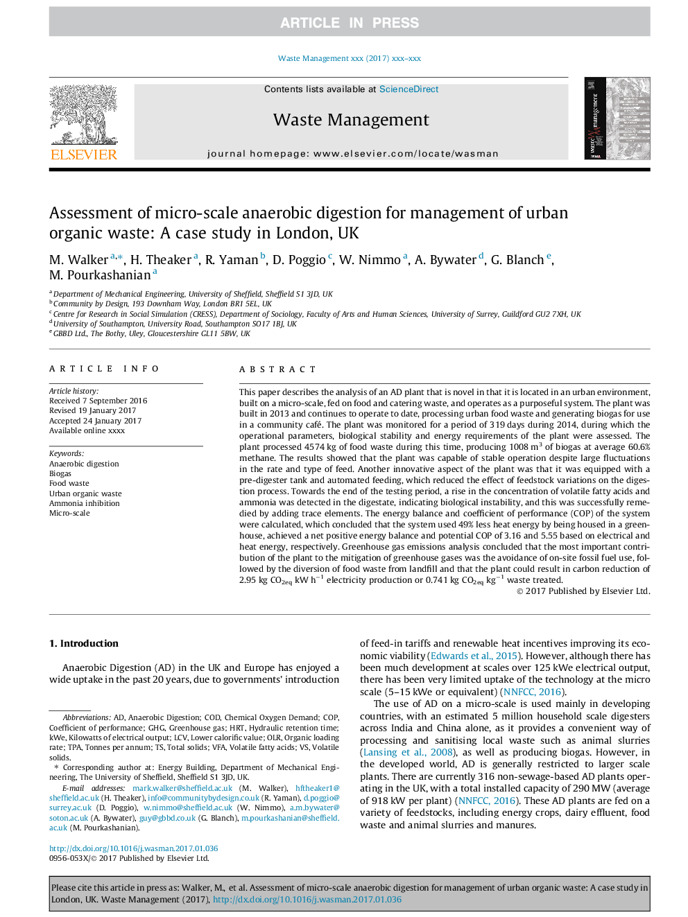 Assessment of micro-scale anaerobic digestion for management of urban organic waste: A case study in London, UK