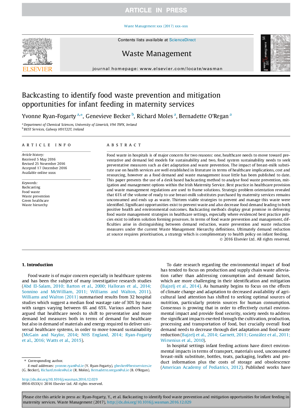 Backcasting to identify food waste prevention and mitigation opportunities for infant feeding in maternity services