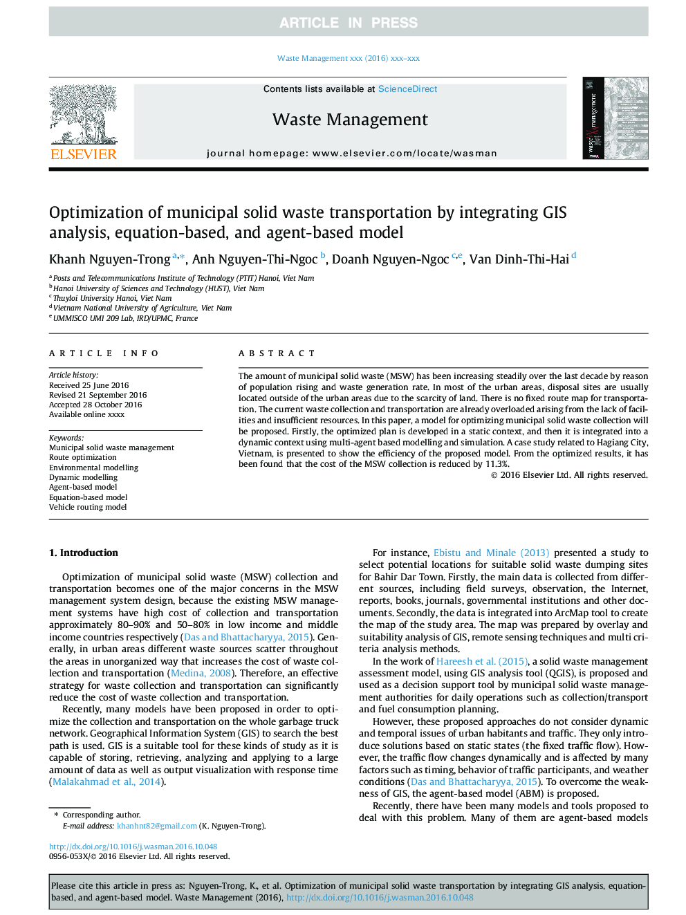 Optimization of municipal solid waste transportation by integrating GIS analysis, equation-based, and agent-based model