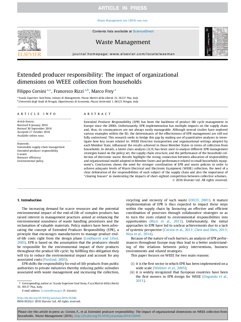 Extended producer responsibility: The impact of organizational dimensions on WEEE collection from households