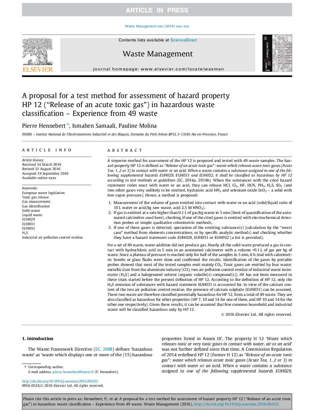 A proposal for a test method for assessment of hazard property HP 12 (“Release of an acute toxic gas”) in hazardous waste classification - Experience from 49 waste