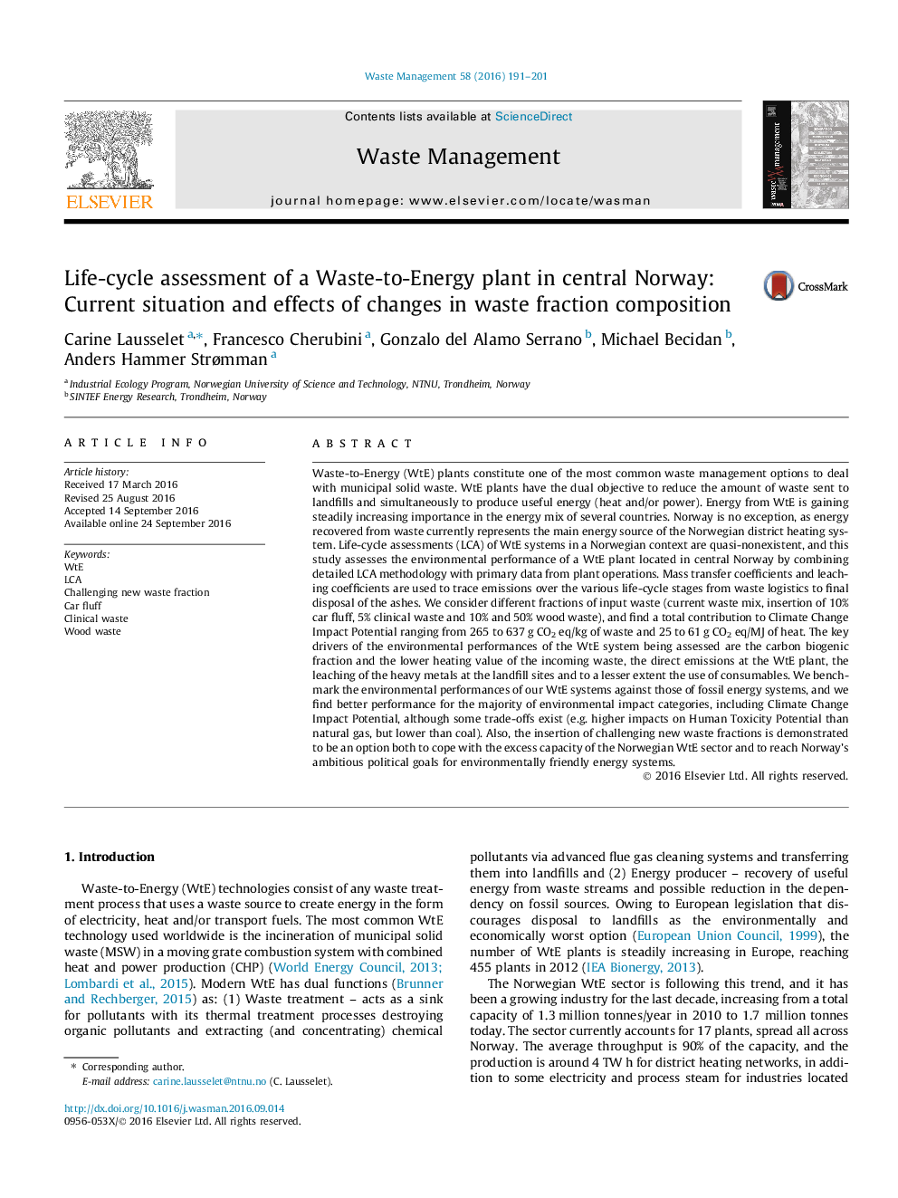 Life-cycle assessment of a Waste-to-Energy plant in central Norway: Current situation and effects of changes in waste fraction composition