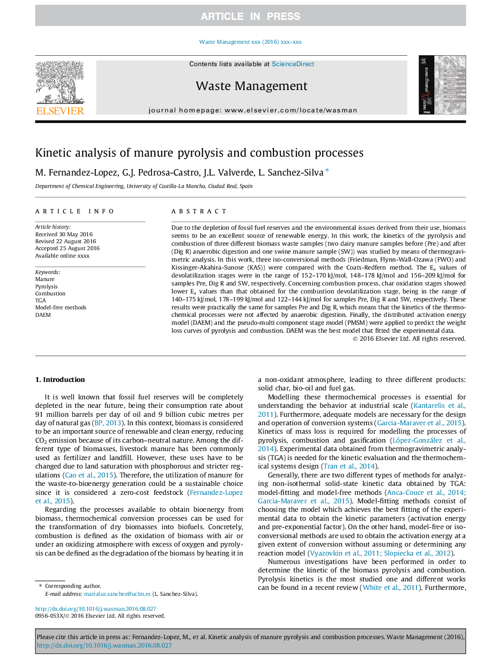 Kinetic analysis of manure pyrolysis and combustion processes