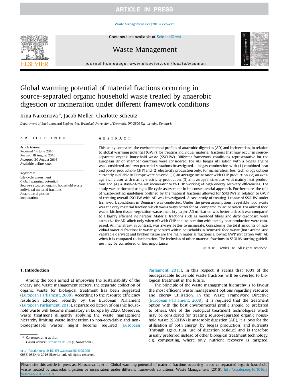 Global warming potential of material fractions occurring in source-separated organic household waste treated by anaerobic digestion or incineration under different framework conditions