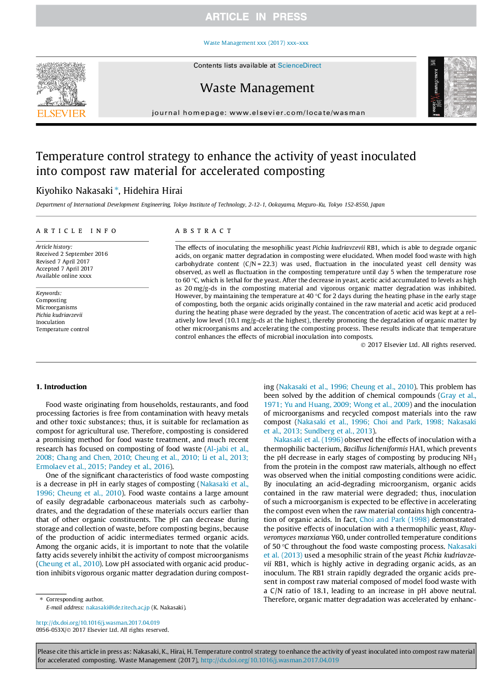 Temperature control strategy to enhance the activity of yeast inoculated into compost raw material for accelerated composting