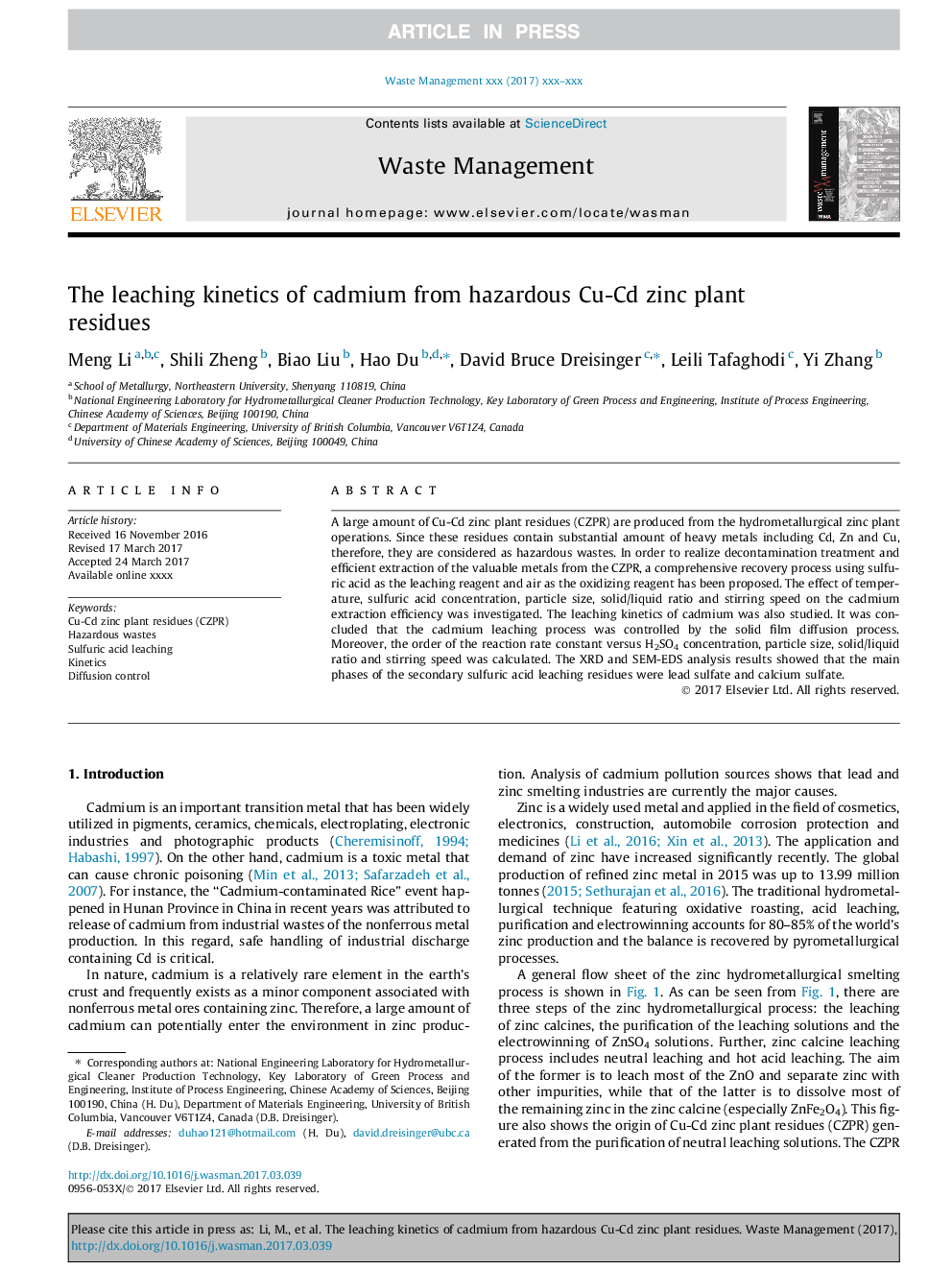 The leaching kinetics of cadmium from hazardous Cu-Cd zinc plant residues