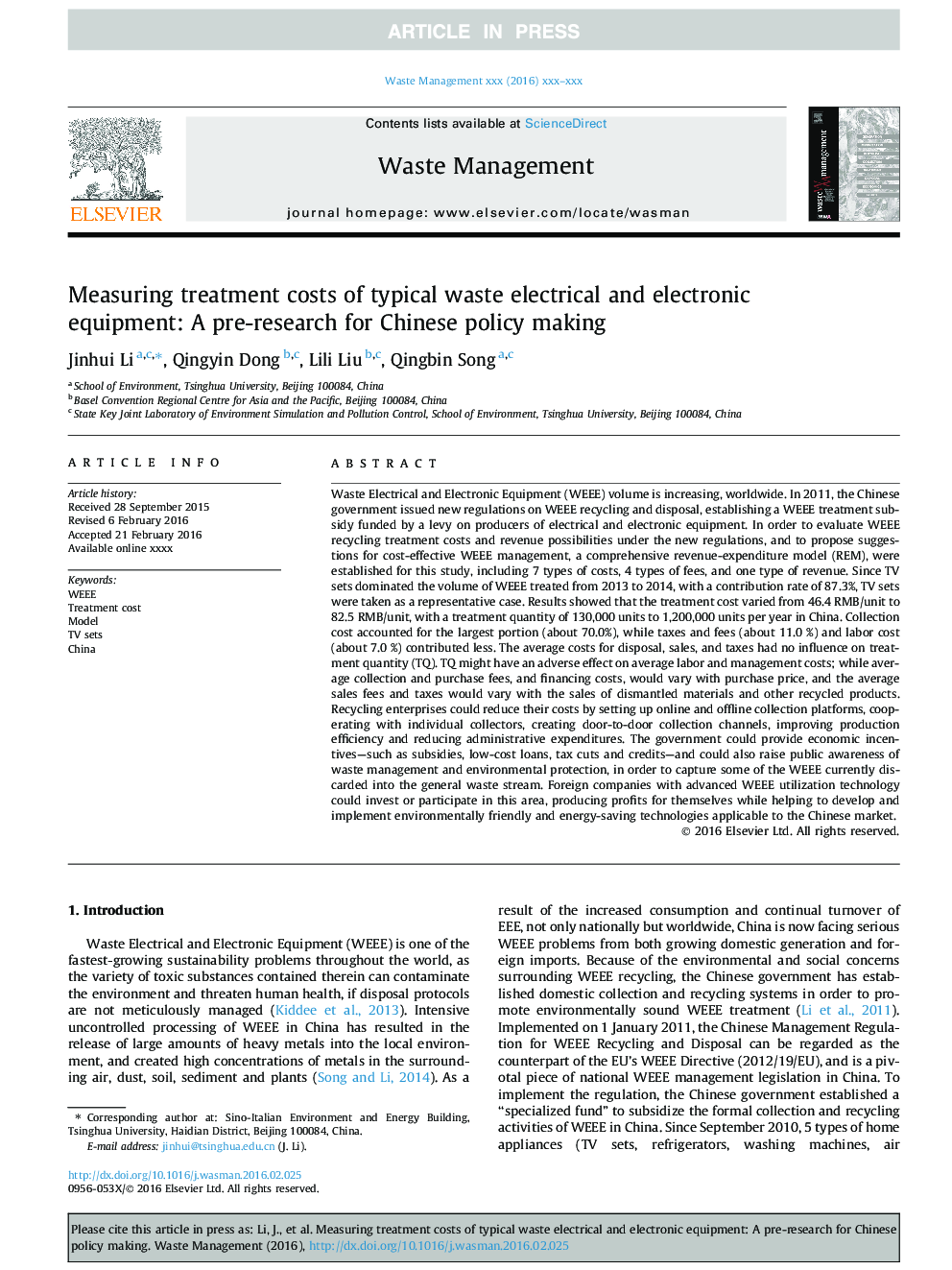 Measuring treatment costs of typical waste electrical and electronic equipment: A pre-research for Chinese policy making