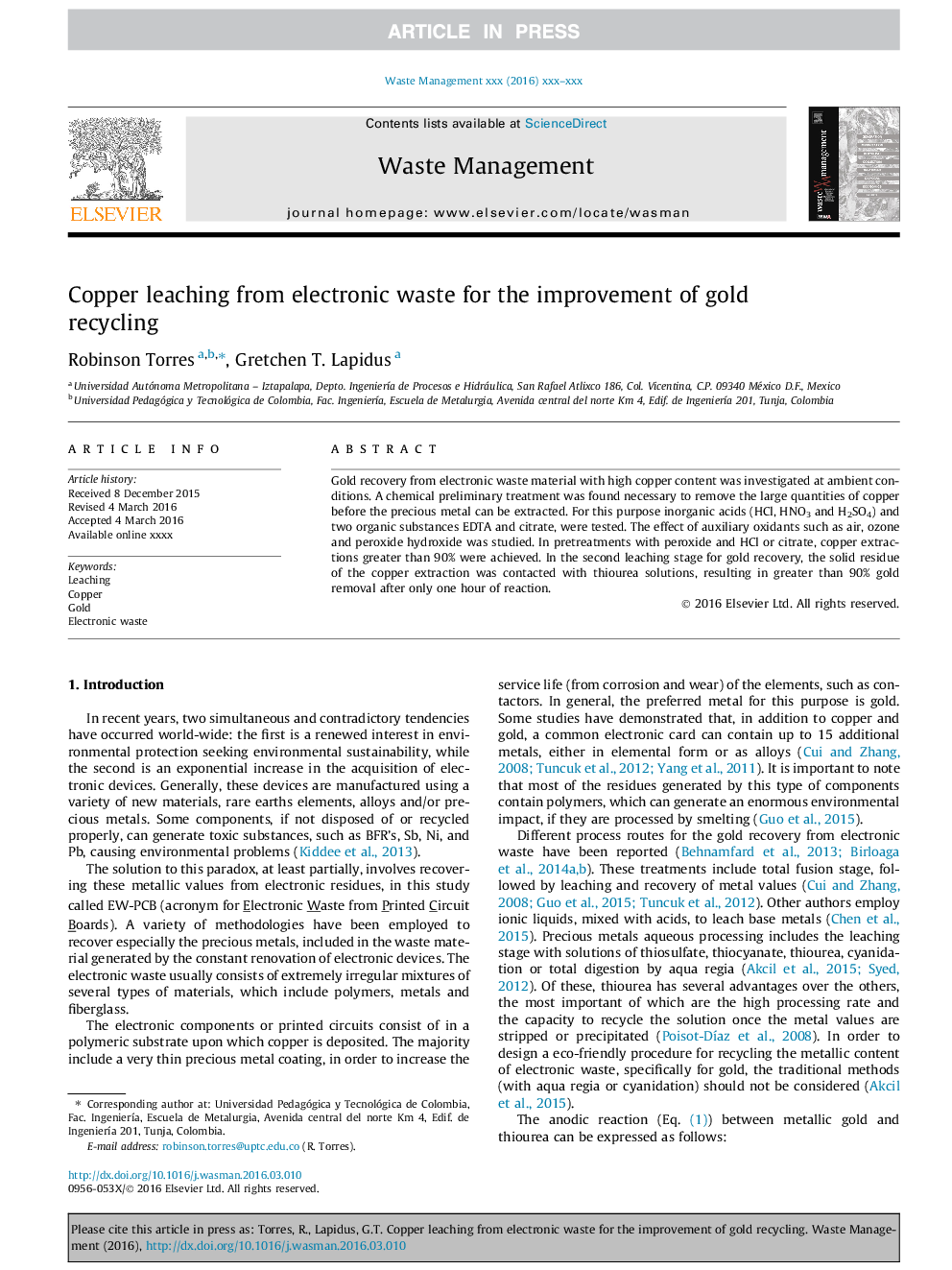 Copper leaching from electronic waste for the improvement of gold recycling