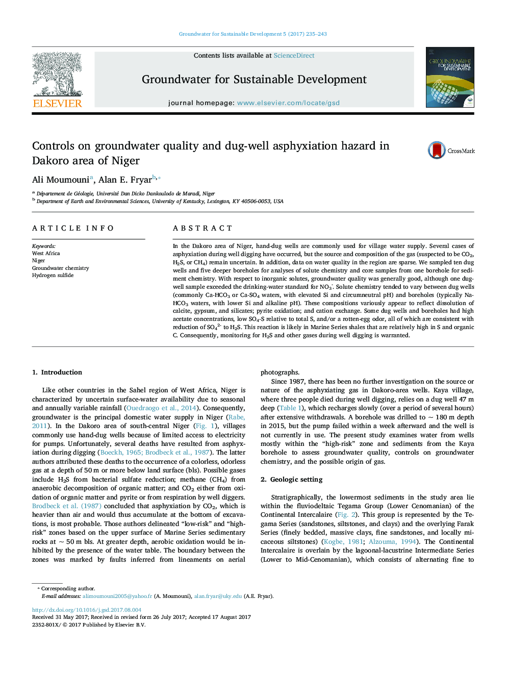 Controls on groundwater quality and dug-well asphyxiation hazard in Dakoro area of Niger