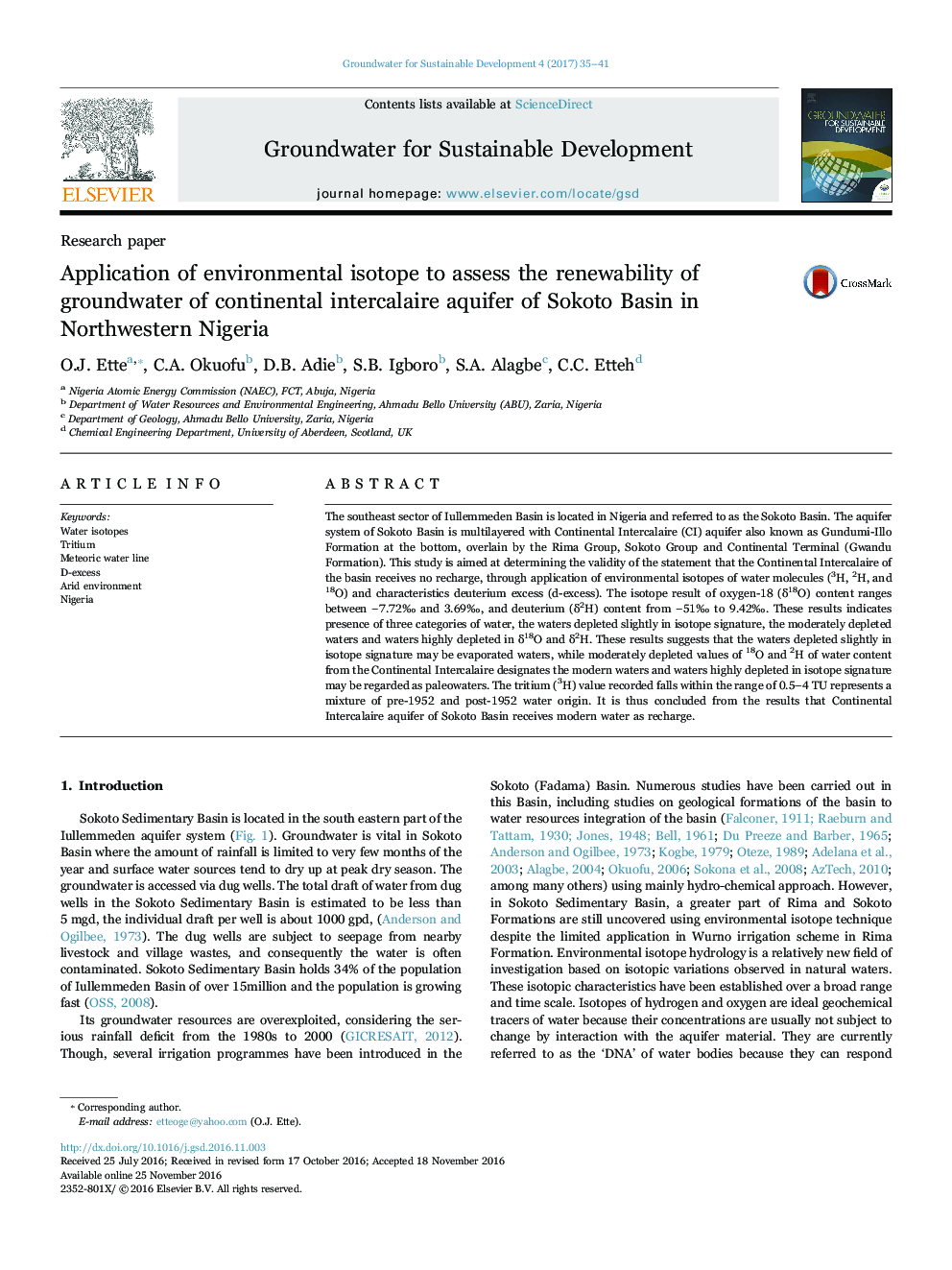 استفاده از ایزوتوپ های محیطی برای ارزیابی قابلیت بازآفرینی آب های زیرزمینی آبخوان مایع قارهای ساحلی حوضه سوکوتو در شمال غربی نیجریه 