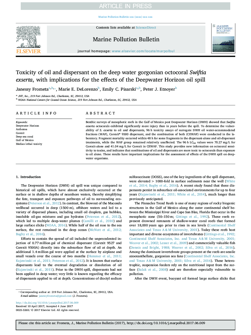 Toxicity of oil and dispersant on the deep water gorgonian octocoral Swiftia exserta, with implications for the effects of the Deepwater Horizon oil spill