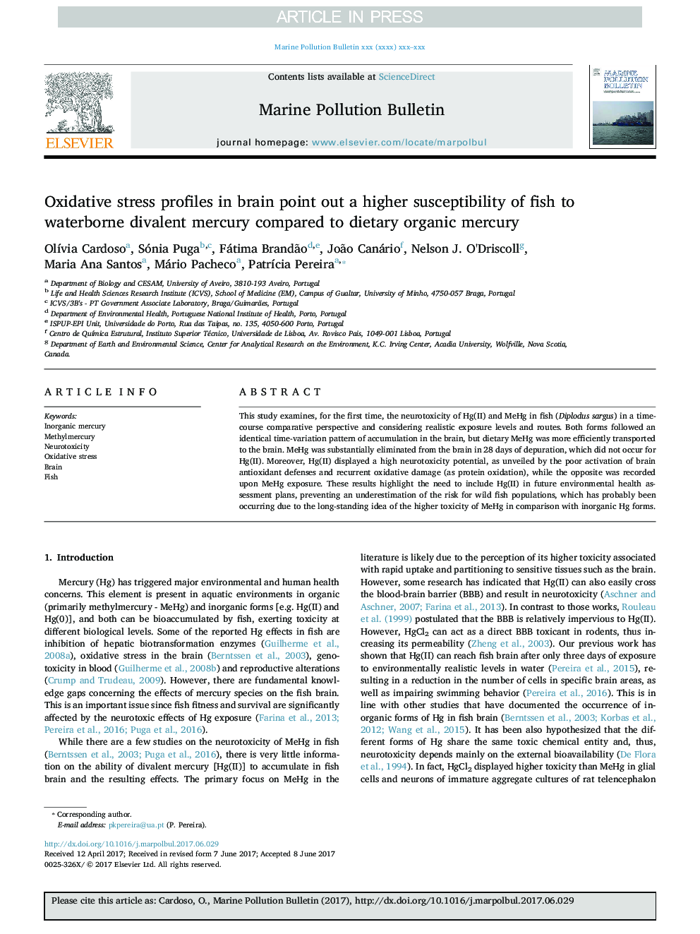 Oxidative stress profiles in brain point out a higher susceptibility of fish to waterborne divalent mercury compared to dietary organic mercury