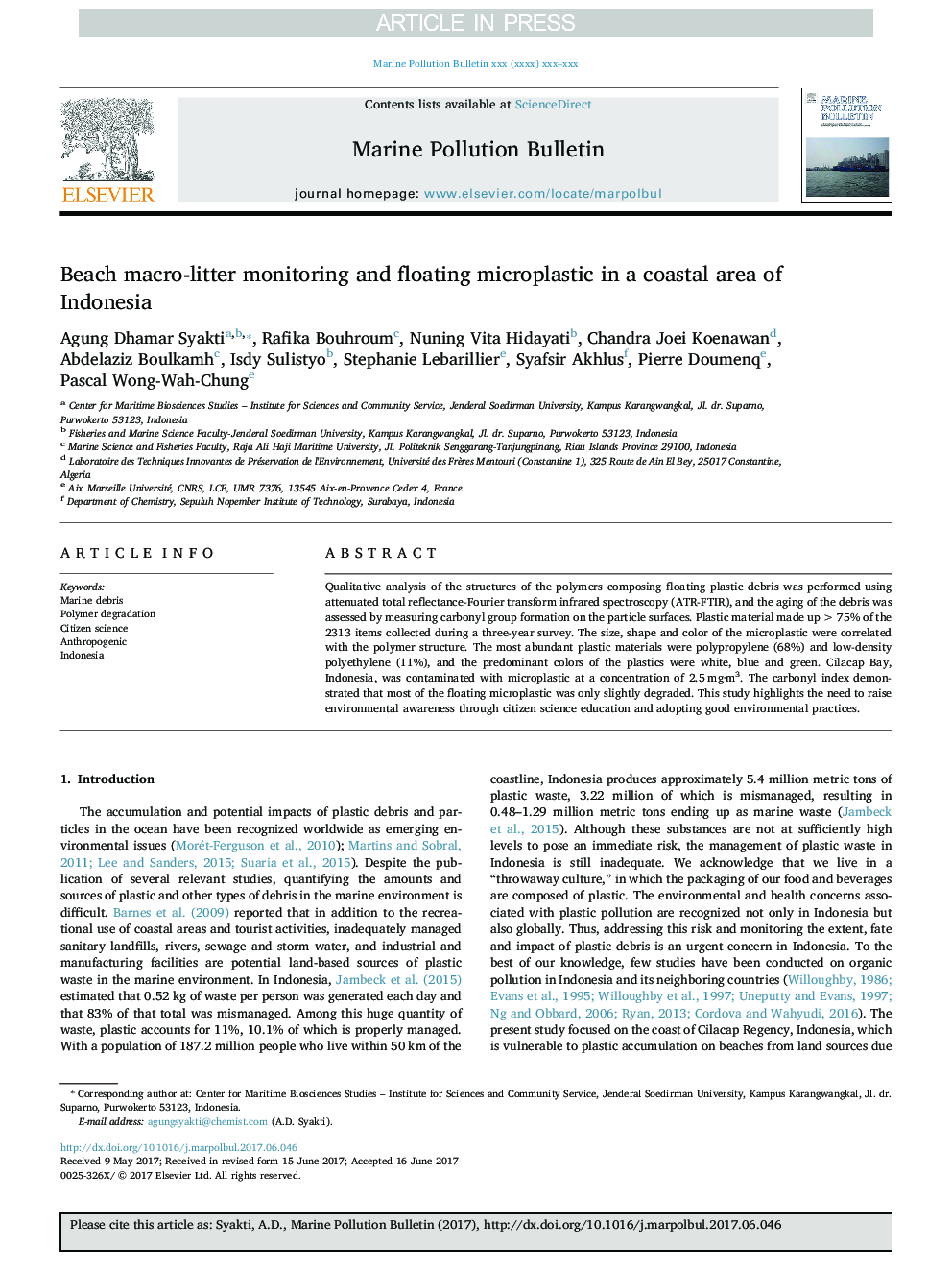 Beach macro-litter monitoring and floating microplastic in a coastal area of Indonesia