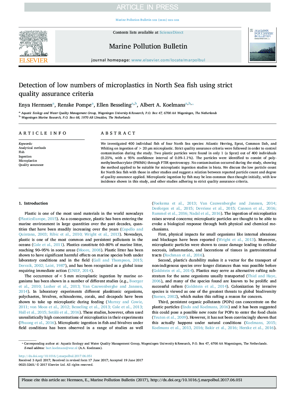 Detection of low numbers of microplastics in North Sea fish using strict quality assurance criteria