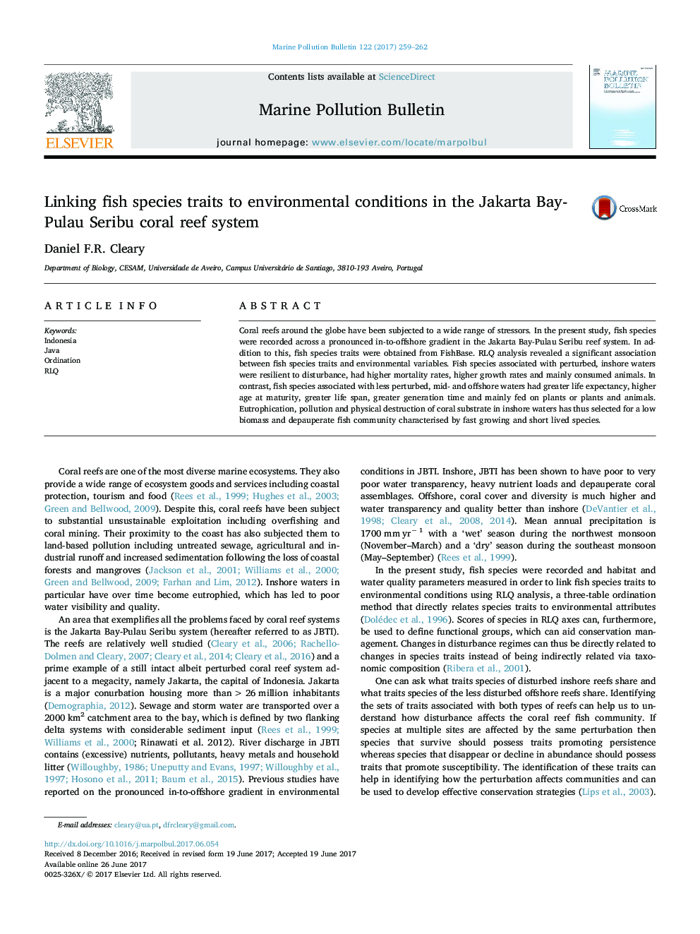 Linking fish species traits to environmental conditions in the Jakarta Bay-Pulau Seribu coral reef system