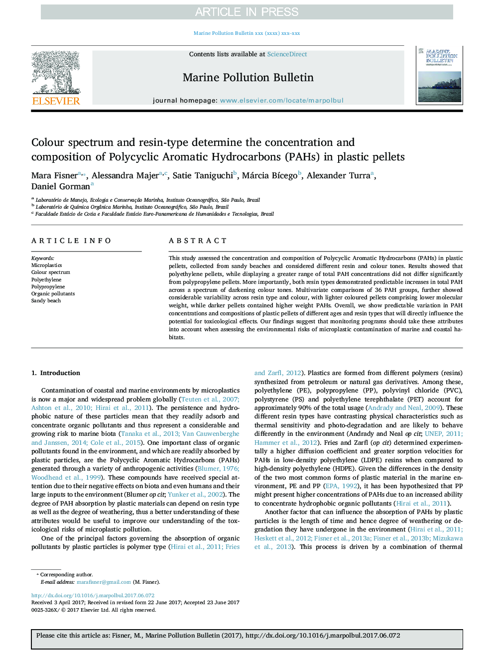 Colour spectrum and resin-type determine the concentration and composition of Polycyclic Aromatic Hydrocarbons (PAHs) in plastic pellets