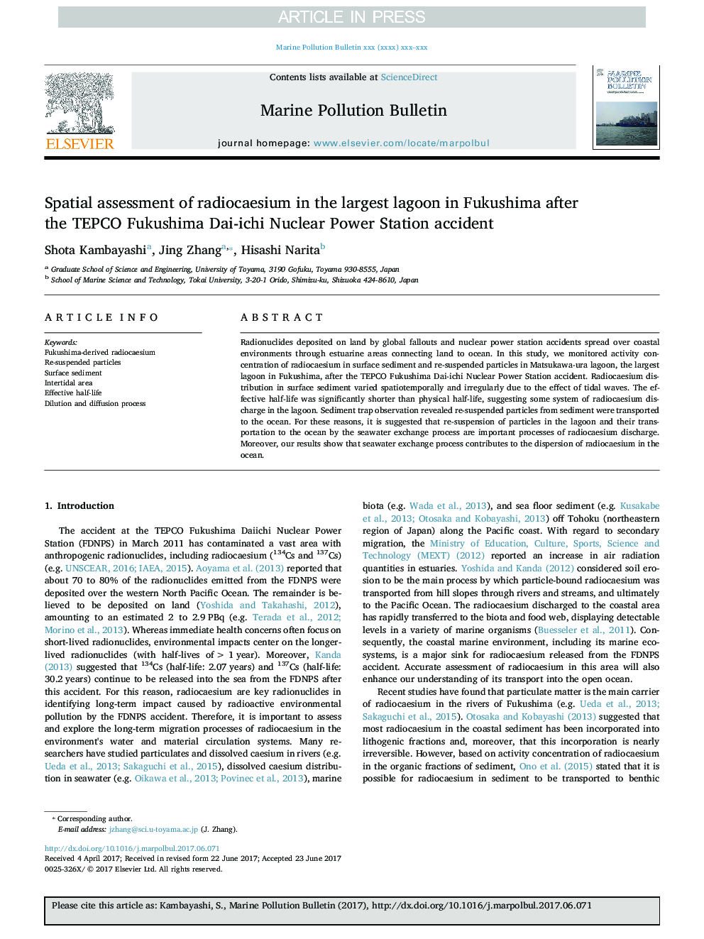 Spatial assessment of radiocaesium in the largest lagoon in Fukushima after the TEPCO Fukushima Dai-ichi Nuclear Power Station accident