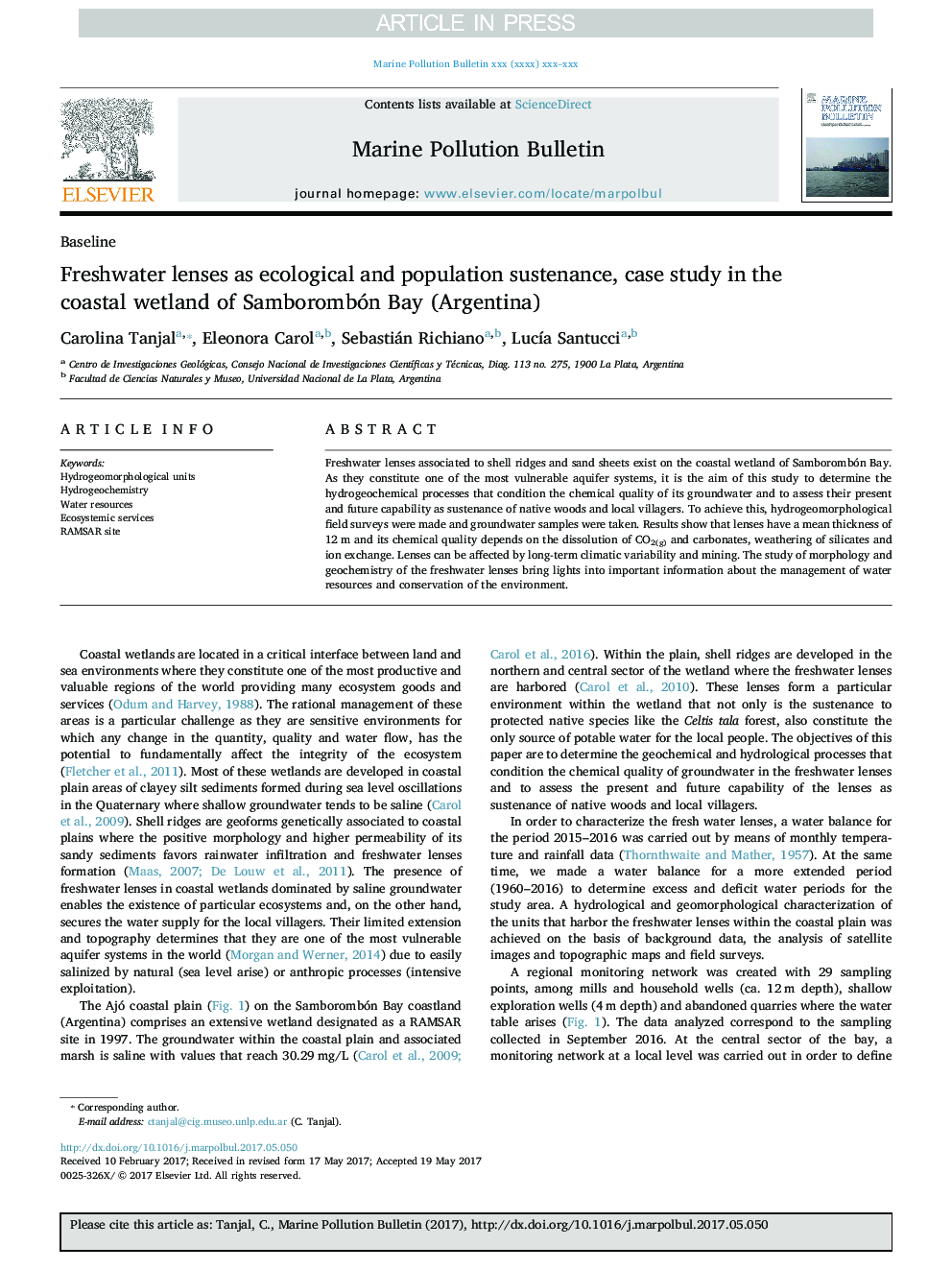 Freshwater lenses as ecological and population sustenance, case study in the coastal wetland of Samborombón Bay (Argentina)