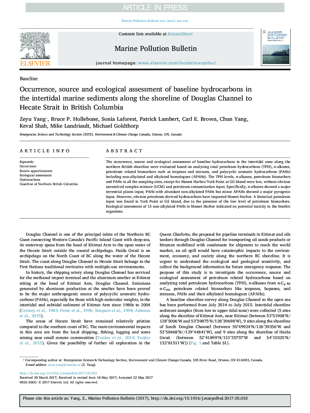 Occurrence, source and ecological assessment of baseline hydrocarbons in the intertidal marine sediments along the shoreline of Douglas Channel to Hecate Strait in British Columbia