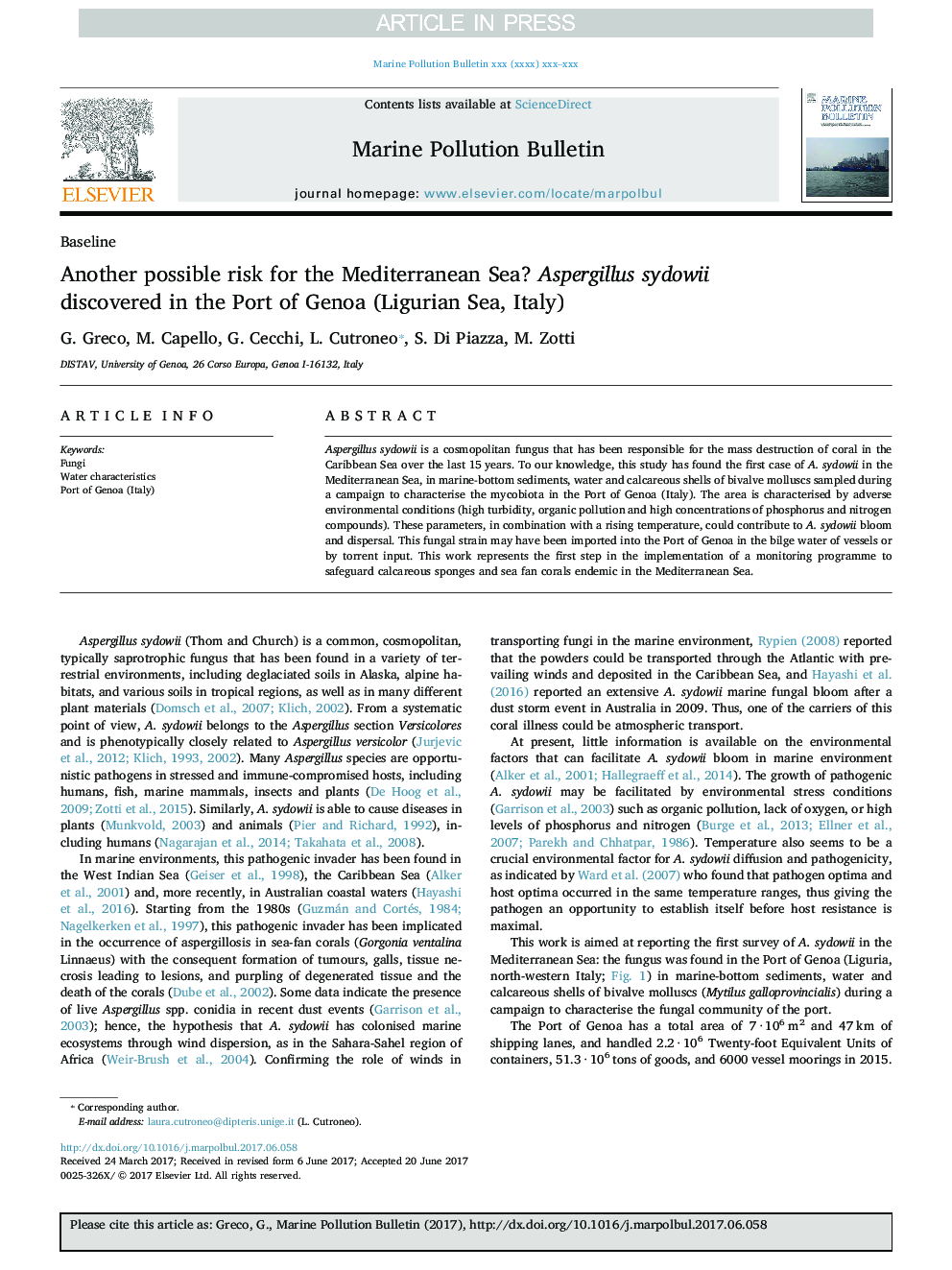 Another possible risk for the Mediterranean Sea? Aspergillus sydowii discovered in the Port of Genoa (Ligurian Sea, Italy)