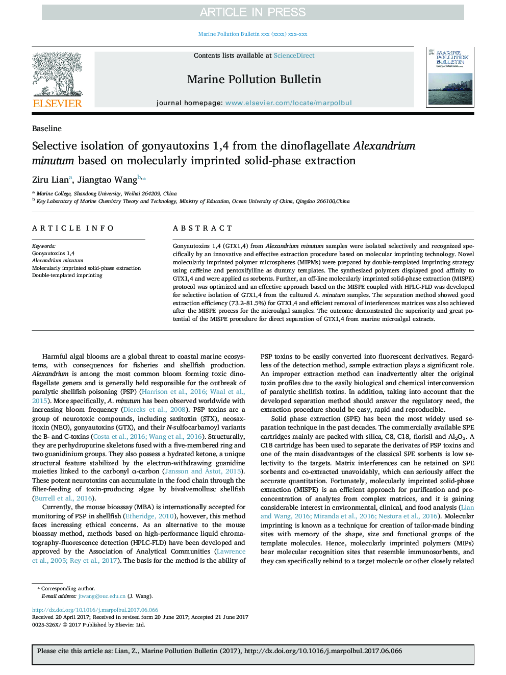 Selective isolation of gonyautoxins 1,4 from the dinoflagellate Alexandrium minutum based on molecularly imprinted solid-phase extraction