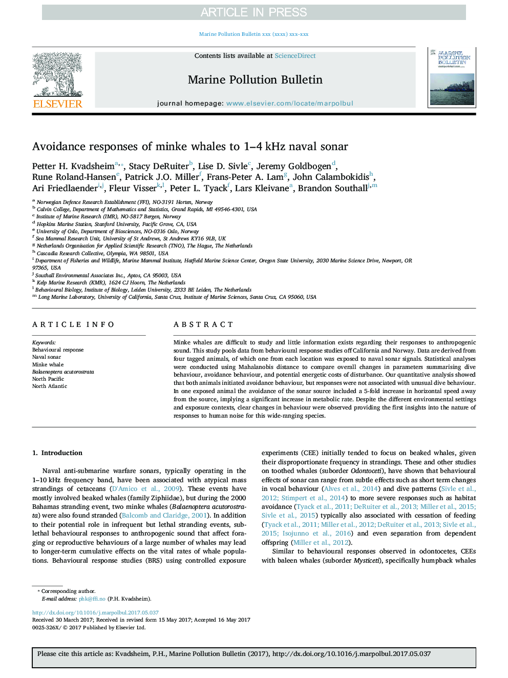 عکس صفحه اول مقاله: Avoidance responses of minke whales to 1-4Â kHz naval sonar Avoidance responses of minke whales to 1-4Â kHz naval sonar