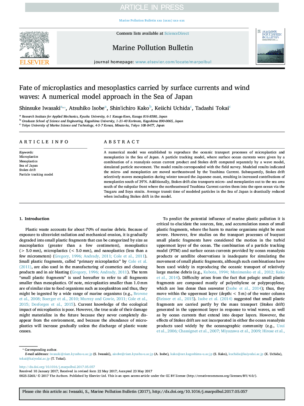 Fate of microplastics and mesoplastics carried by surface currents and wind waves: A numerical model approach in the Sea of Japan