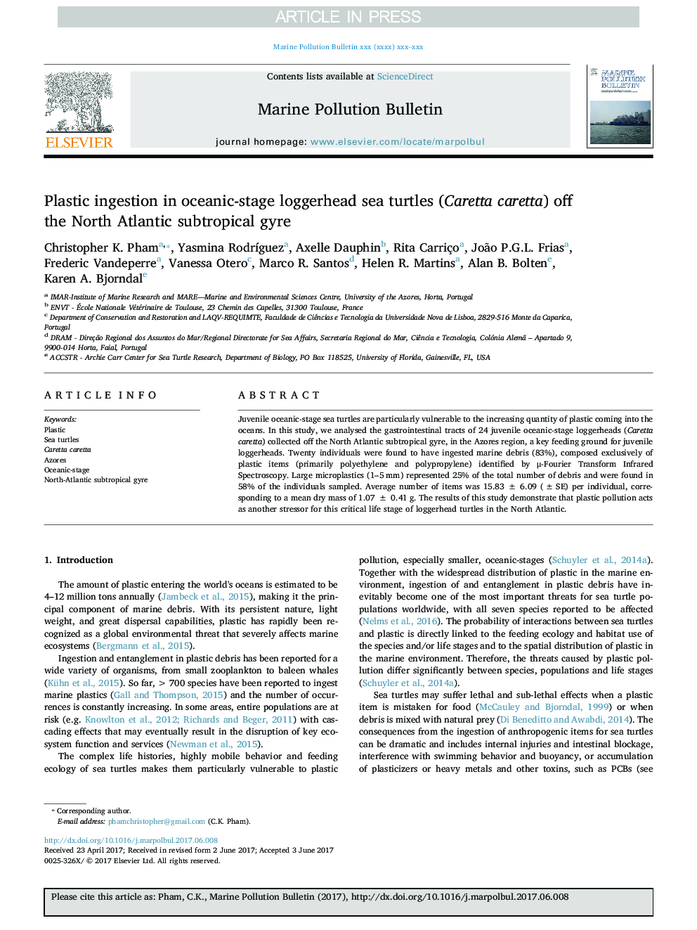 Plastic ingestion in oceanic-stage loggerhead sea turtles (Caretta caretta) off the North Atlantic subtropical gyre