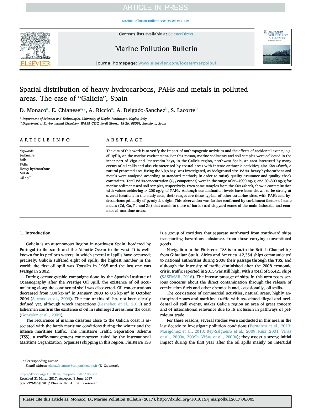 Spatial distribution of heavy hydrocarbons, PAHs and metals in polluted areas. The case of “Galicia”, Spain